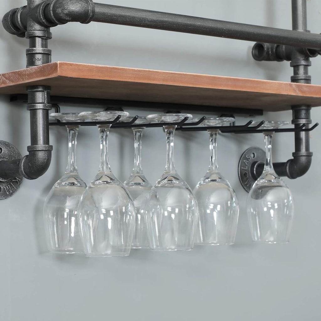 Rustic Wine Rack Wall Mounted Industrial Wine Rack with 4 Stem Glass Holder,24in Real Wood Shelves Kitchen Wall Shelf Unit,3-Tiers Floating Bar Shelves Bottle Holder Storage Shelves