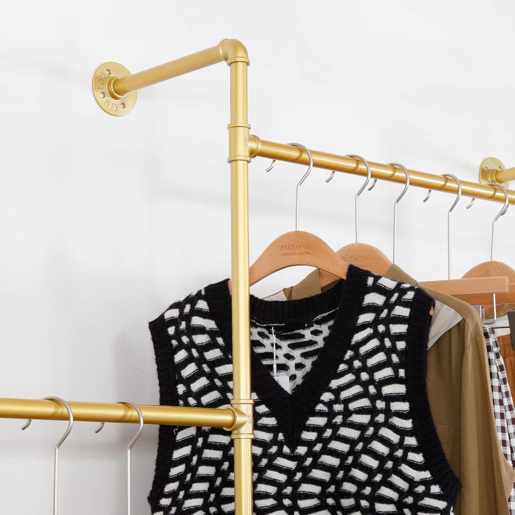 Industrial Pipe Clothing Rack Wall Mounted 5 Hanging Rods Garment Bar with Storage Shelf, Heavy Duty Metal Clothes Racks Closet System for Hanging Clothes Retail Display (Gold)