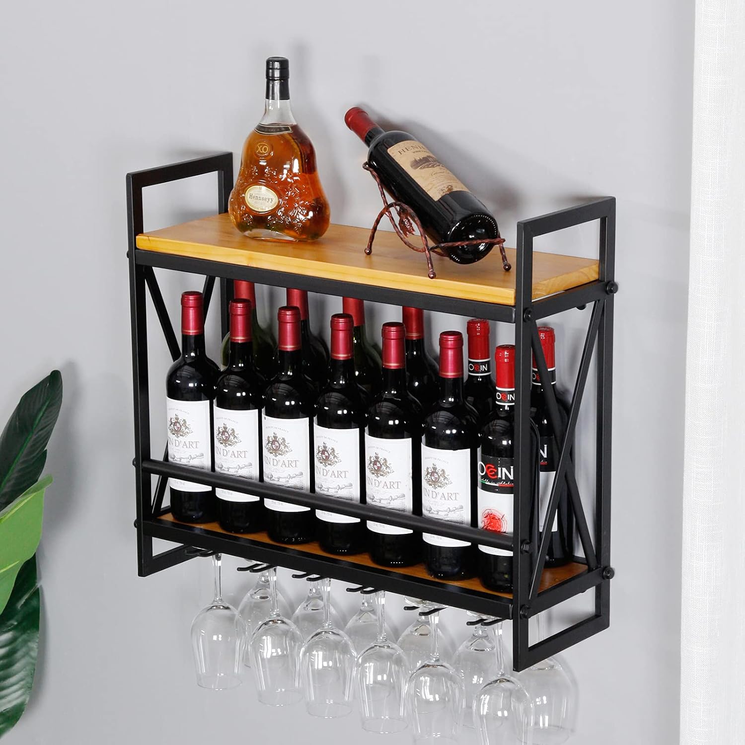 Wall Wine Stemware Glass Rack, 23.6in Wall Mounted Wine Racks with 6 Stem Glass Holders Industrial, 2-Tier Wood Shelf, for Wine Glasses Flutes Mugs Home Kitchen Decor Display Rack
