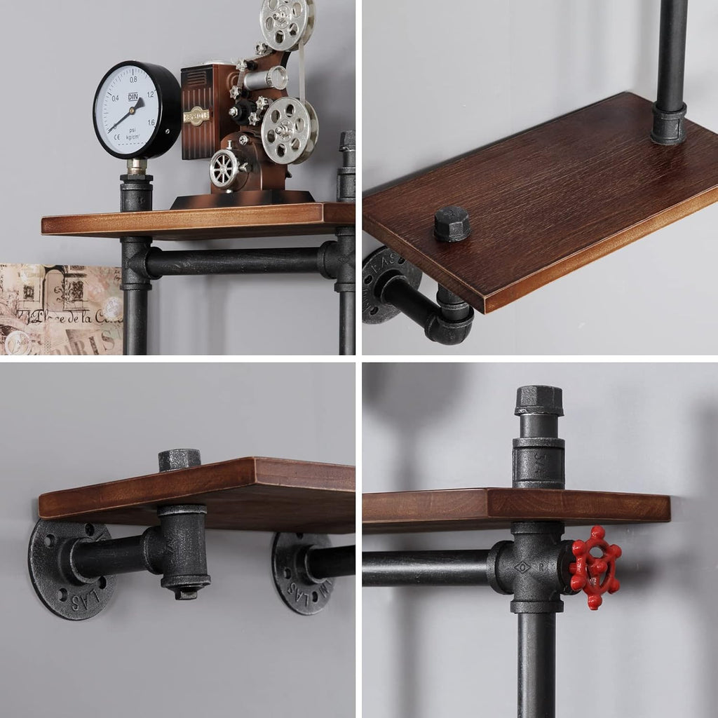 Industrial Floating Pipe Wall Shelves Rustic Wood Shelving, 5 Layer Pipe Design Bookshelf DIY Shelving for Living Room Bathroom Farmhouse Bar Industrial Decor
