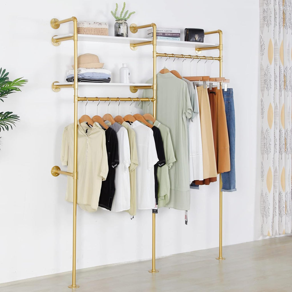 Gold Industrial Pipe Clothing Rack - Wall Mounted Clothes Rack with 2 Hanging Rods & 2 Tier Shelves, Closet Organizers and Storage for Shop, Retail Display, Bedroom, 79.5 x 59in
