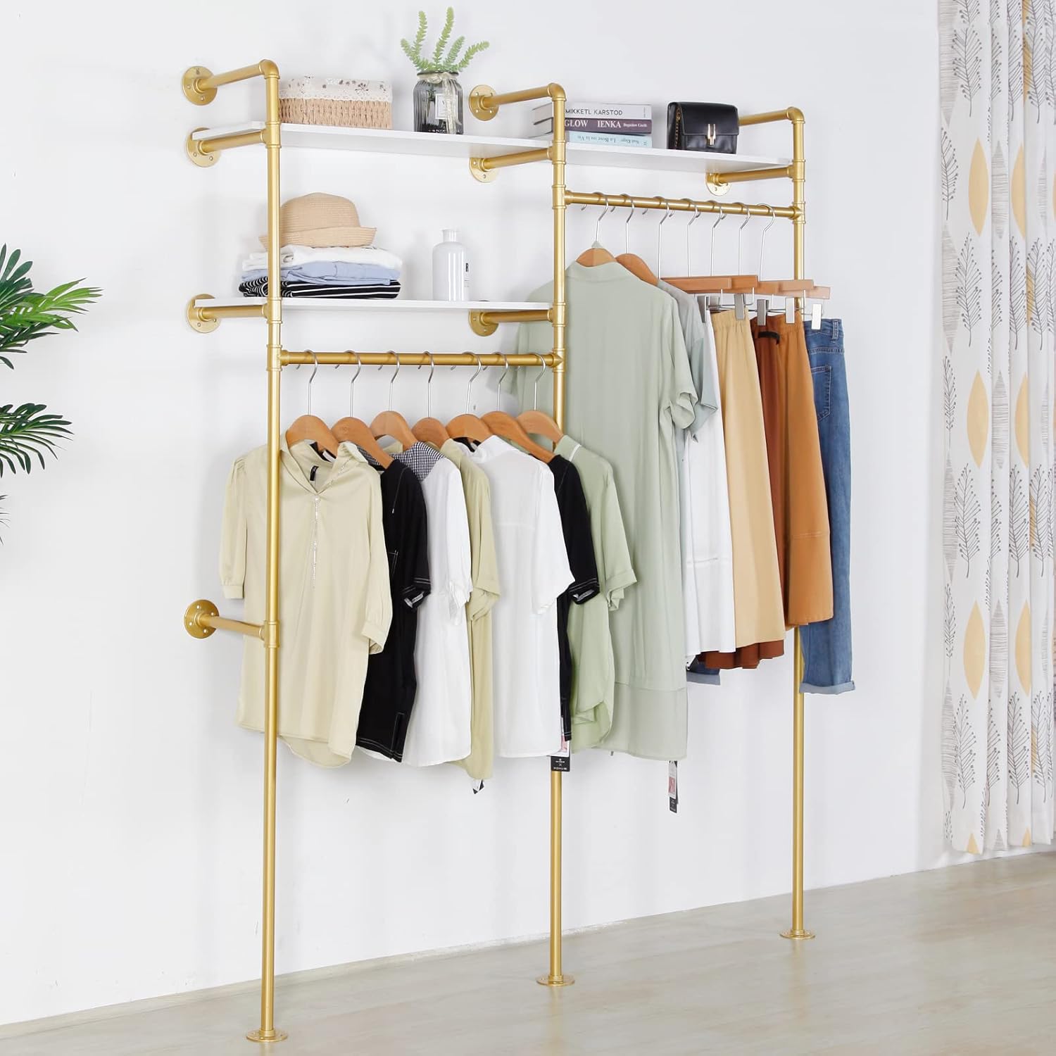 Gold Industrial Pipe Clothing Rack - Wall Mounted Clothes Rack with 2 Hanging Rods & 2 Tier Shelves, Closet Organizers and Storage for Shop, Retail Display, Bedroom, 79.5 x 59in