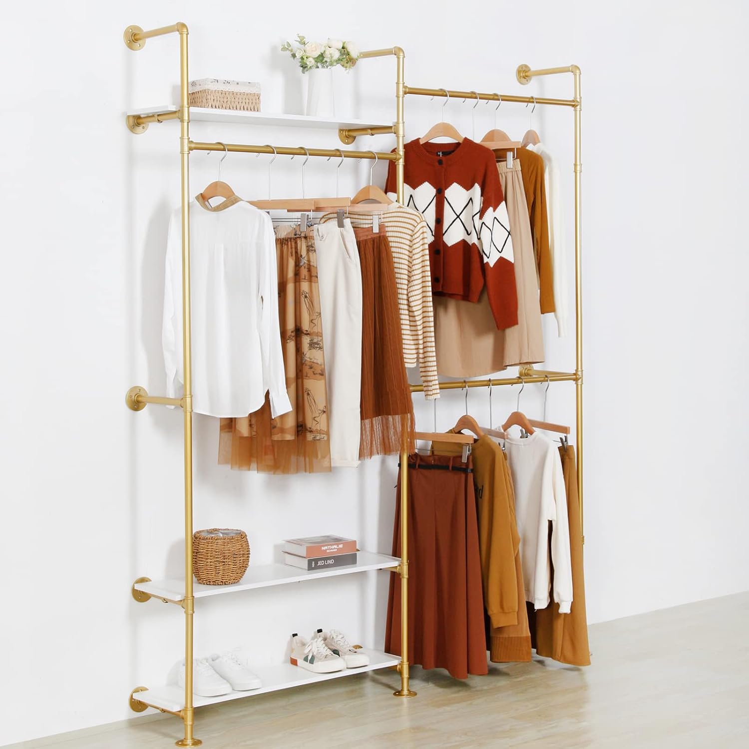 Heavy Duty Industrial Clothing Rack - 3-Tier Wall Mounted Garment Rack with Wood Shelves, Golden Pipe Closet Storage Organizer for Retail Stores & Bedroom (92.1X76.8inch)