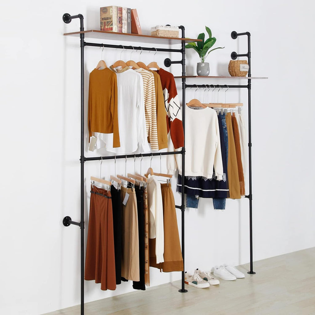 Industrial Pipe Clothing Rack with 2 Shelves, Clothes Rack Wall Mounted Heavy Duty Clothing Store Display Stands Garment Rack Closet System(Black, 96.5x80.7inch)