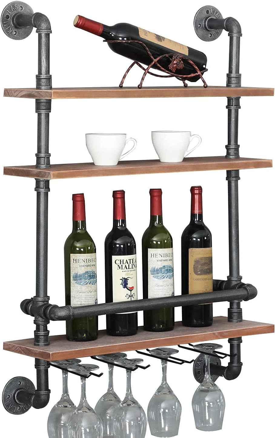 Rustic Wine Rack Wall Mounted Industrial Wine Rack with 4 Stem Glass Holder,24in Real Wood Shelves Kitchen Wall Shelf Unit,3-Tiers Floating Bar Shelves Bottle Holder Storage Shelves