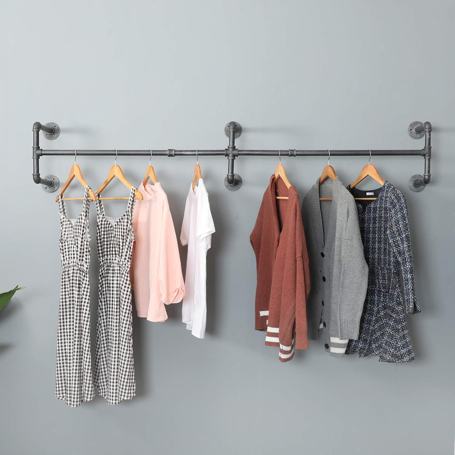 Clothes Rack Closet Rods for Hanging Clothes, Industrial Pipe Wall Mounted Garment Racks 73 in, Space-Saving Heavy Duty Hanging Cloth Rack for Closet Storage 6 Base