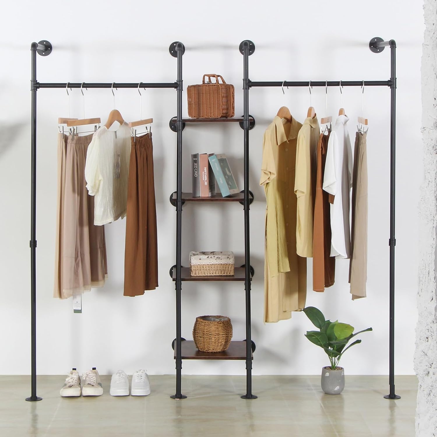 Wall Mounted Industrial Pipe Heavy Duty Clothes Rack, Clothing Rods for Hanging Clothes, Freestanding Clothing Rack with 2 Hang Rods & 4 Shelves, 72.8" W x 17.7" D x 71" H