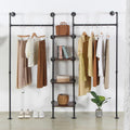 Wall Mounted Industrial Pipe Heavy Duty Clothes Rack, Clothing Rods for Hanging Clothes, Freestanding Clothing Rack with 2 Hang Rods & 4 Shelves, 72.8" W x 17.7" D x 71" H