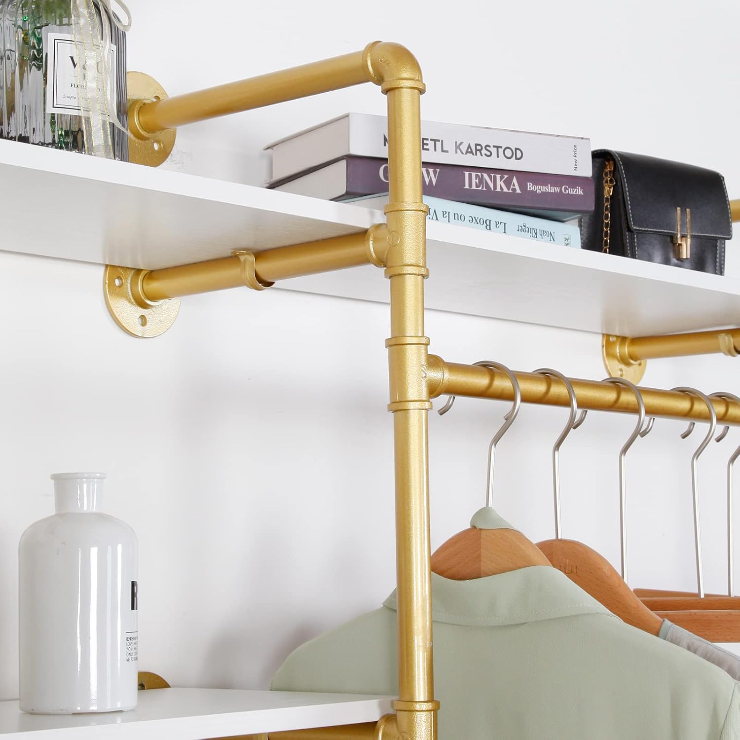 Gold Industrial Pipe Clothing Rack - Wall Mounted Clothes Rack with 2 Hanging Rods & 2 Tier Shelves, Closet Organizers and Storage for Shop, Retail Display, Bedroom, 79.5 x 59in