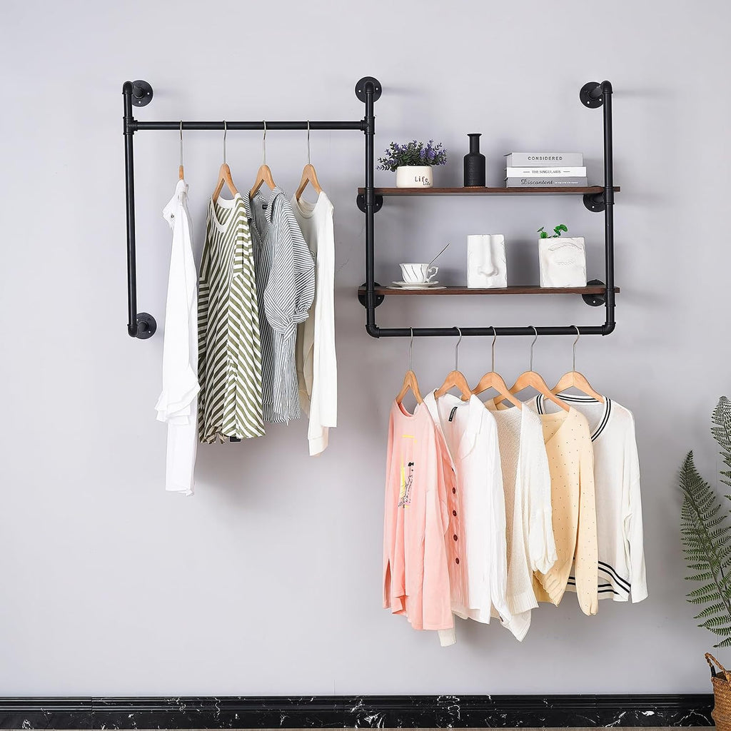 Industrial Pipe Clothing Rack Wall Mounted with 2 Wood Shelves, Heavy Duty Double Rod Garment Rack for Bedroom, Laundry Room & Retail Store, Black, 59 Inch