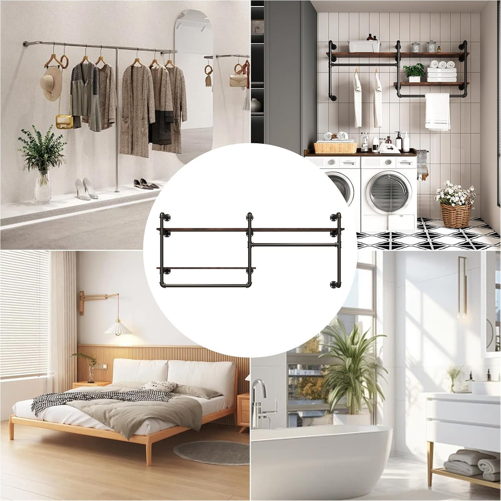Industrial Pipe Clothing Rack Wall Mounted - Heavy Duty 2-Tier Closet Organizer with Wood Shelves & Dual Hanging Rods for Bedroom/Retail Store