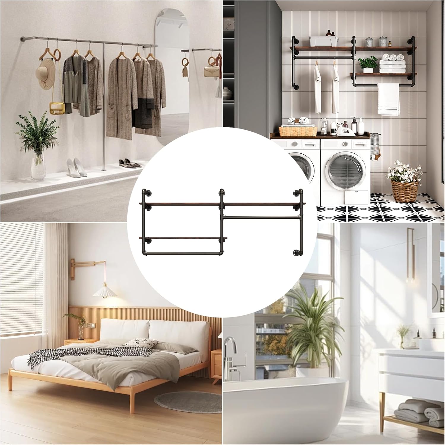 Industrial Pipe Clothing Rack Wall Mounted - Heavy Duty 2-Tier Closet Organizer with Wood Shelves & Dual Hanging Rods for Bedroom/Retail Store