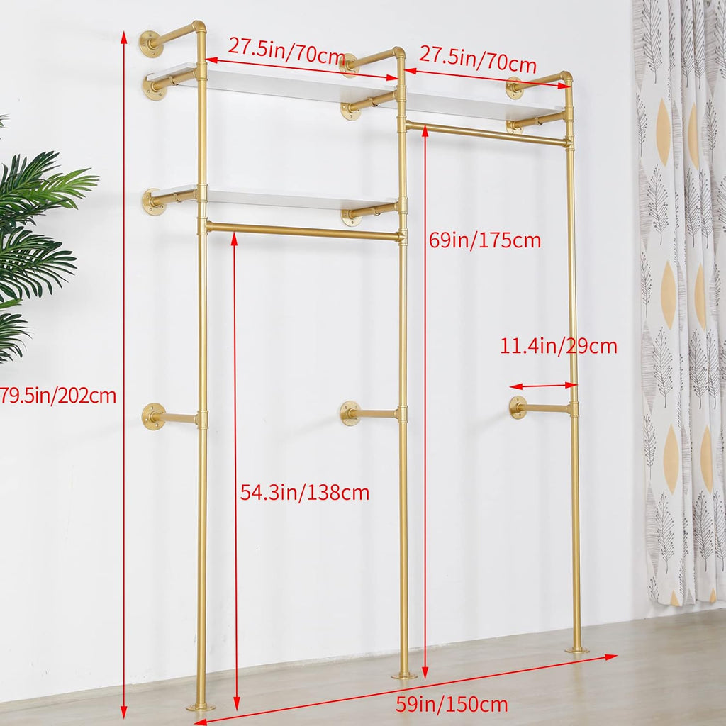 Gold Industrial Pipe Clothing Rack - Wall Mounted Clothes Rack with 2 Hanging Rods & 2 Tier Shelves, Closet Organizers and Storage for Shop, Retail Display, Bedroom, 79.5 x 59in