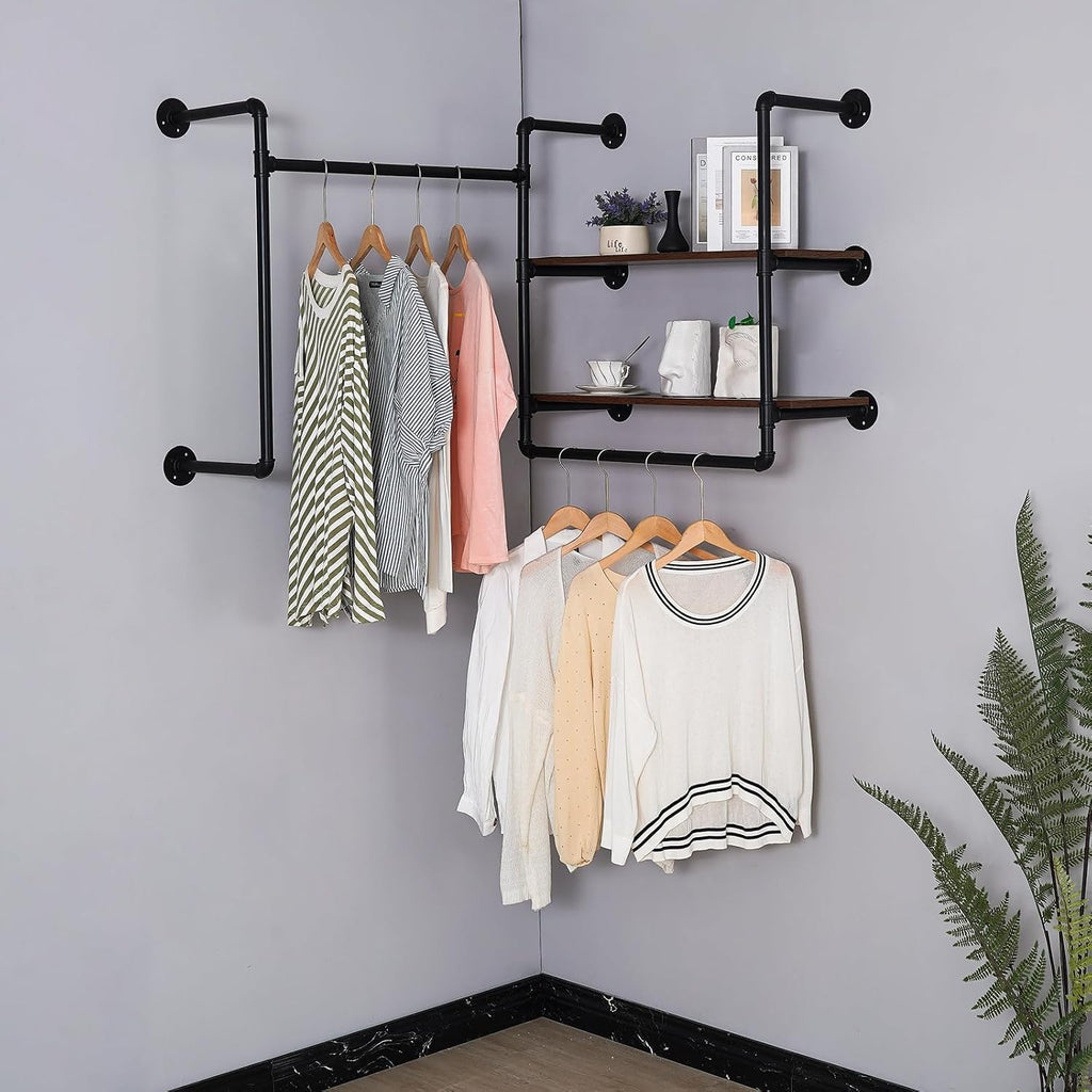 Industrial Pipe Clothing Rack Wall Mounted with 2 Wood Shelves, Heavy Duty Double Rod Garment Rack for Bedroom, Laundry Room & Retail Store, Black, 59 Inch