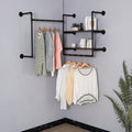 Industrial Pipe Clothing Rack Wall Mounted with 2 Wood Shelves, Heavy Duty Double Rod Garment Rack for Bedroom, Laundry Room & Retail Store, Black, 59 Inch