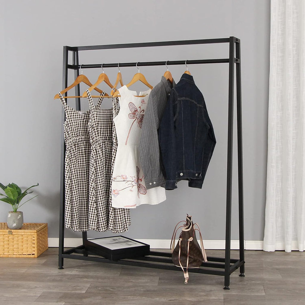 Clothing Garment Rack with Shelves, Metal Cloth Hanger Rack Stand Clothes Drying Rack for Hanging Clothes, Easy Assemble Clothing Rack for Bedroom or Boutiques(Black)