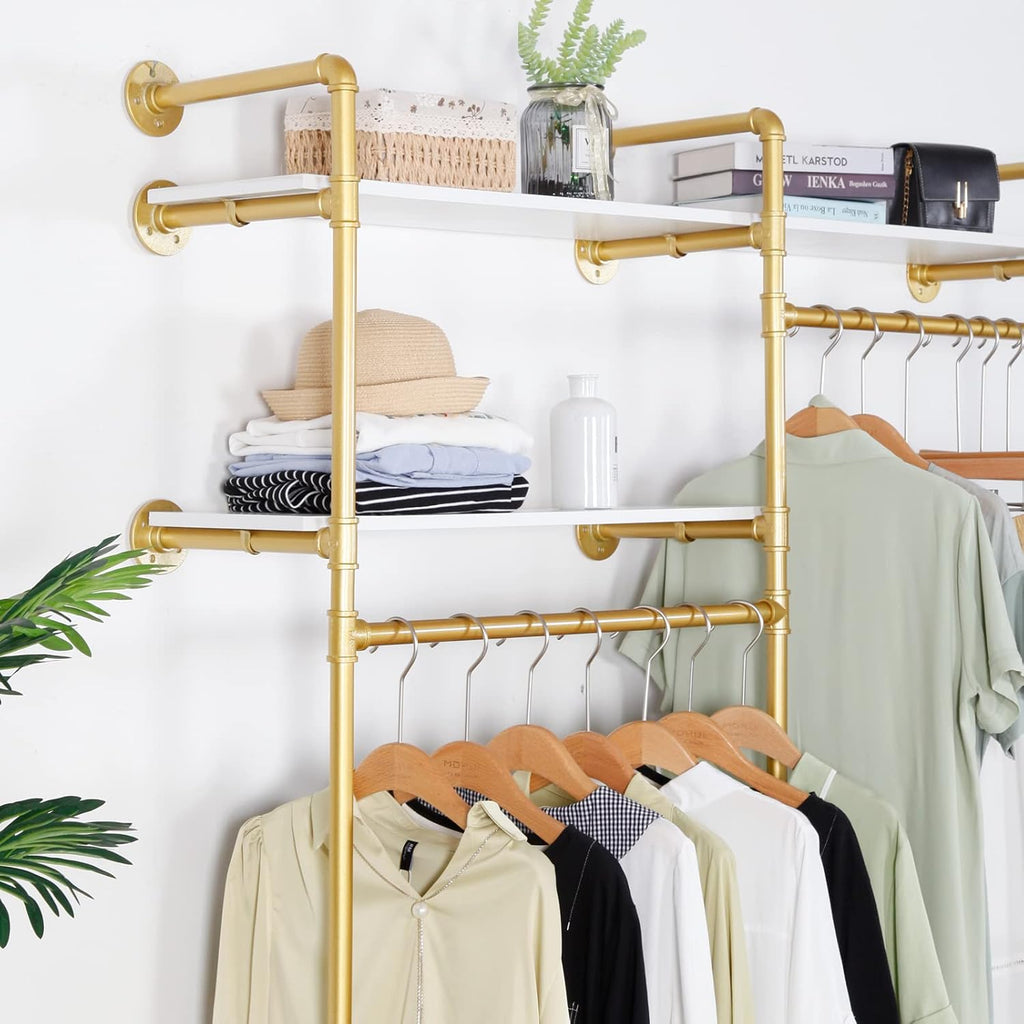 Gold Industrial Pipe Clothing Rack - Wall Mounted Clothes Rack with 2 Hanging Rods & 2 Tier Shelves, Closet Organizers and Storage for Shop, Retail Display, Bedroom, 79.5 x 59in