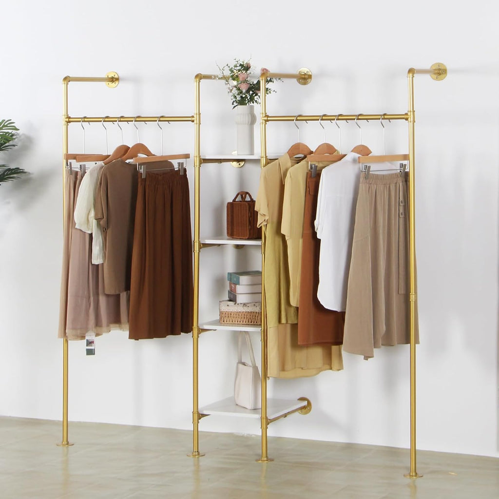 Industrial Pipe Gold Clothing Rack with Shelves, Retail Display Wall Mounted Storage Clothes Hanging Shelf Gold Pipeline Hanging Rod Steampunk Style, 4 Tier Wood Garment Rack 72.8x71inch