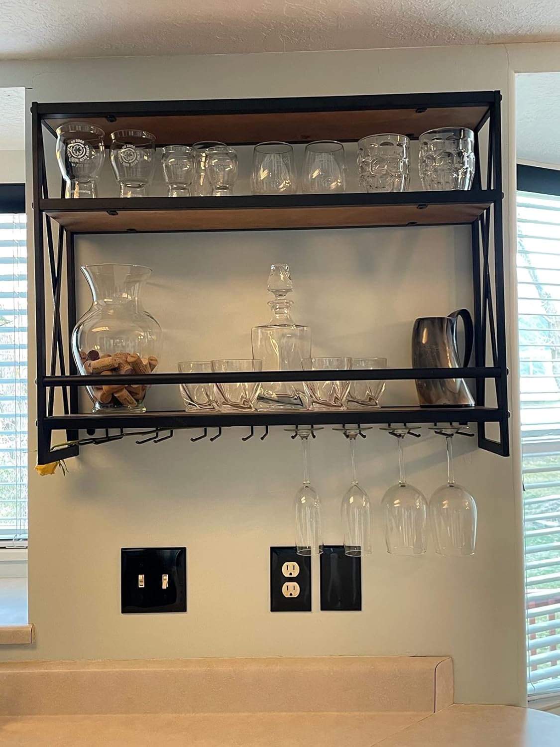Wall Wine Stemware Glass Rack, 31.5in Wall Mounted Wine Racks with 8 Stem Glass Holders Industrial, 3-Tier Wood Shelf, for Wine Glasses Flutes Mugs Home Kitchen Decor Display Rack