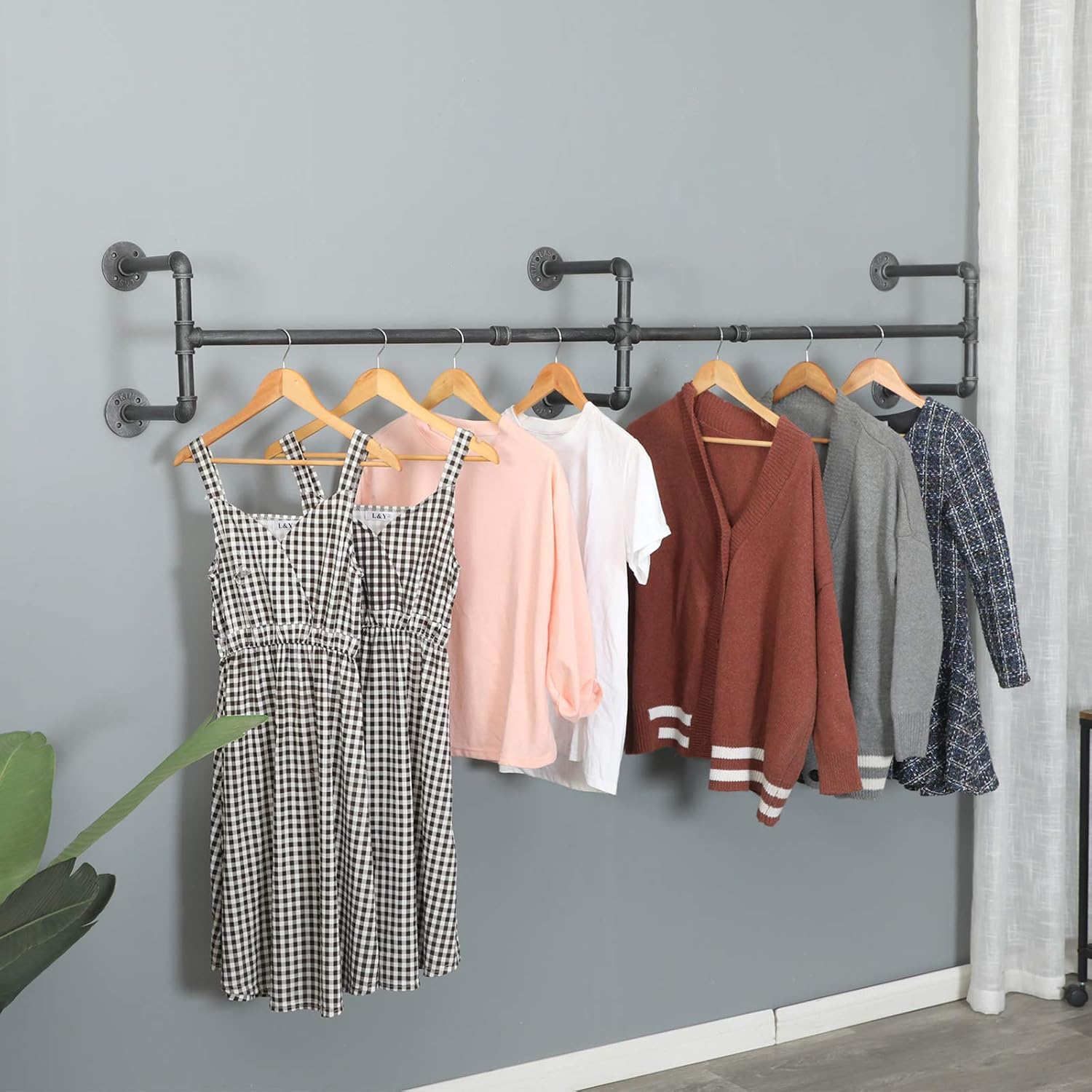 Clothes Rack Closet Rods for Hanging Clothes, Industrial Pipe Wall Mounted Garment Racks 73 in, Space-Saving Heavy Duty Hanging Cloth Rack for Closet Storage 6 Base