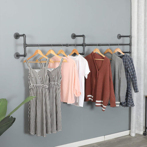 Clothes Rack Closet Rods for Hanging Clothes, Industrial Pipe Wall Mounted Garment Racks 73 in, Space-Saving Heavy Duty Hanging Cloth Rack for Closet Storage 6 Base