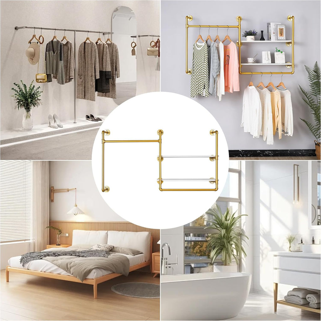 Industrial Pipe Clothing Rack Wall Mounted with 2 Wood Shelves, Heavy Duty Double Rod Garment Rack for Bedroom, Laundry Room & Retail Store, Gold, 59 Inch