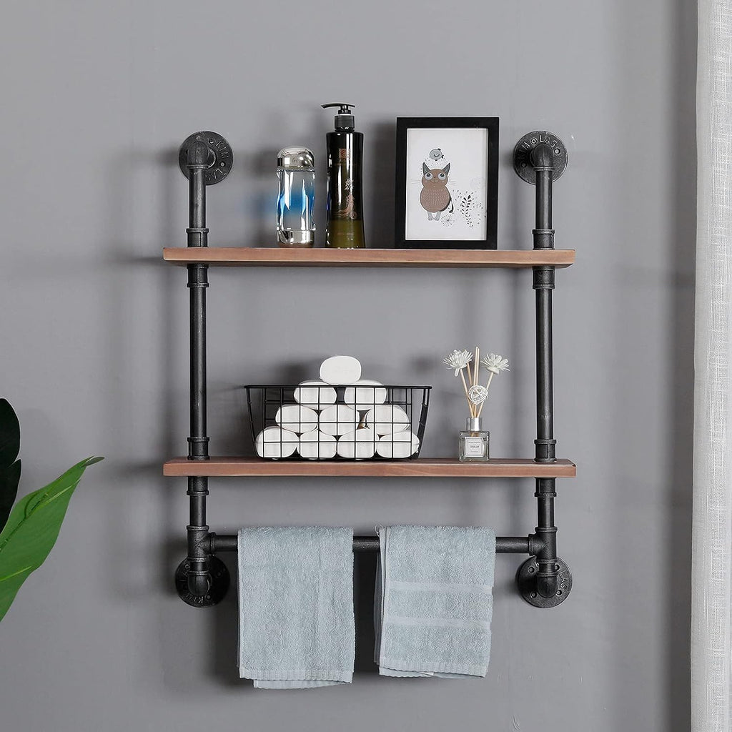 Industrial Pipe Shelving Bathroom Floating Shelves Wall Mounted, 2 Tier 24 inch Rustic Wood Shelf with Towel Bar, Farmhouse Towel Rack Bathroom Shelf Over Toilet