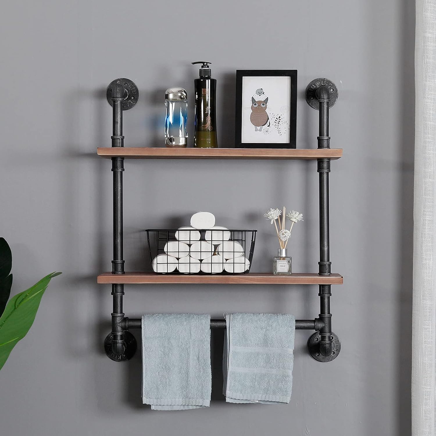 Industrial Pipe Shelving Bathroom Floating Shelves Wall Mounted, 2 Tier 24 inch Rustic Wood Shelf with Towel Bar, Farmhouse Towel Rack Bathroom Shelf Over Toilet