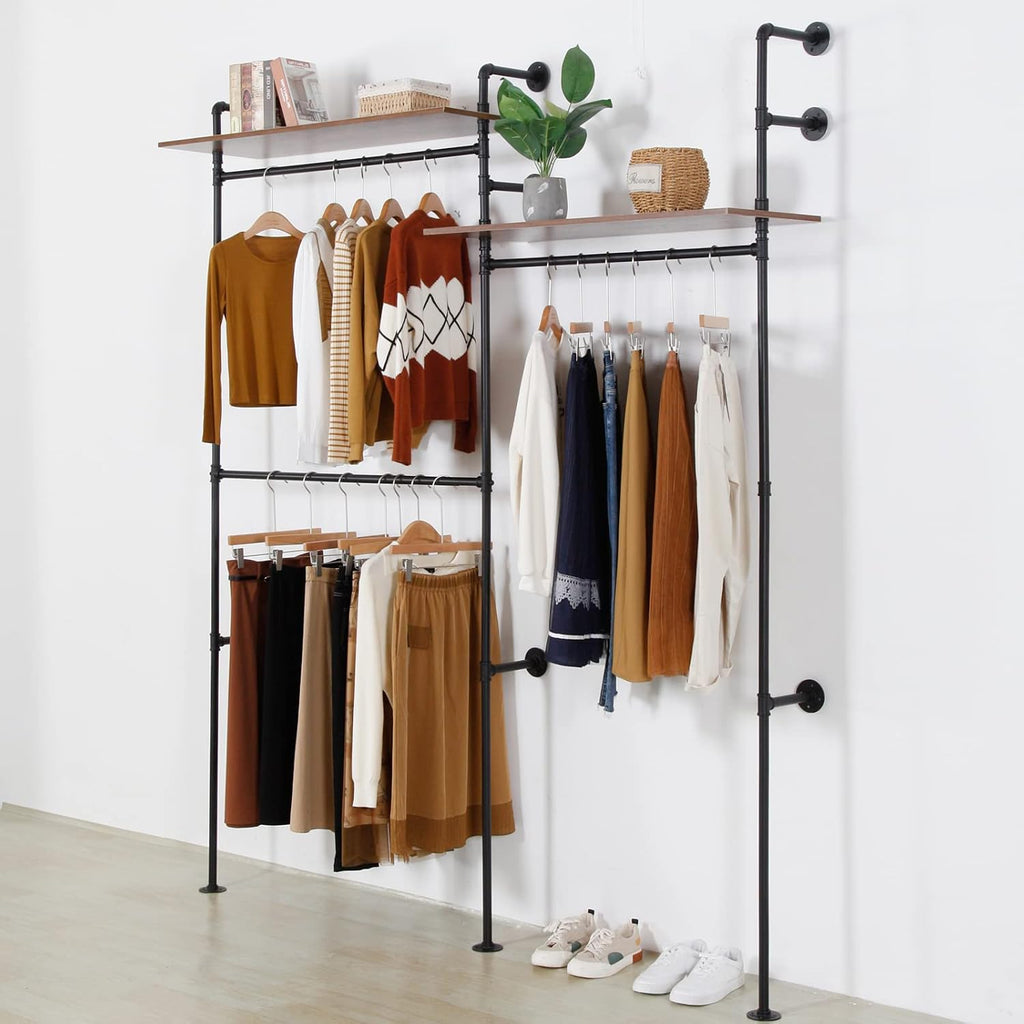 Industrial Pipe Clothing Rack with 2 Shelves, Clothes Rack Wall Mounted Heavy Duty Clothing Store Display Stands Garment Rack Closet System(Black, 96.5x80.7inch)