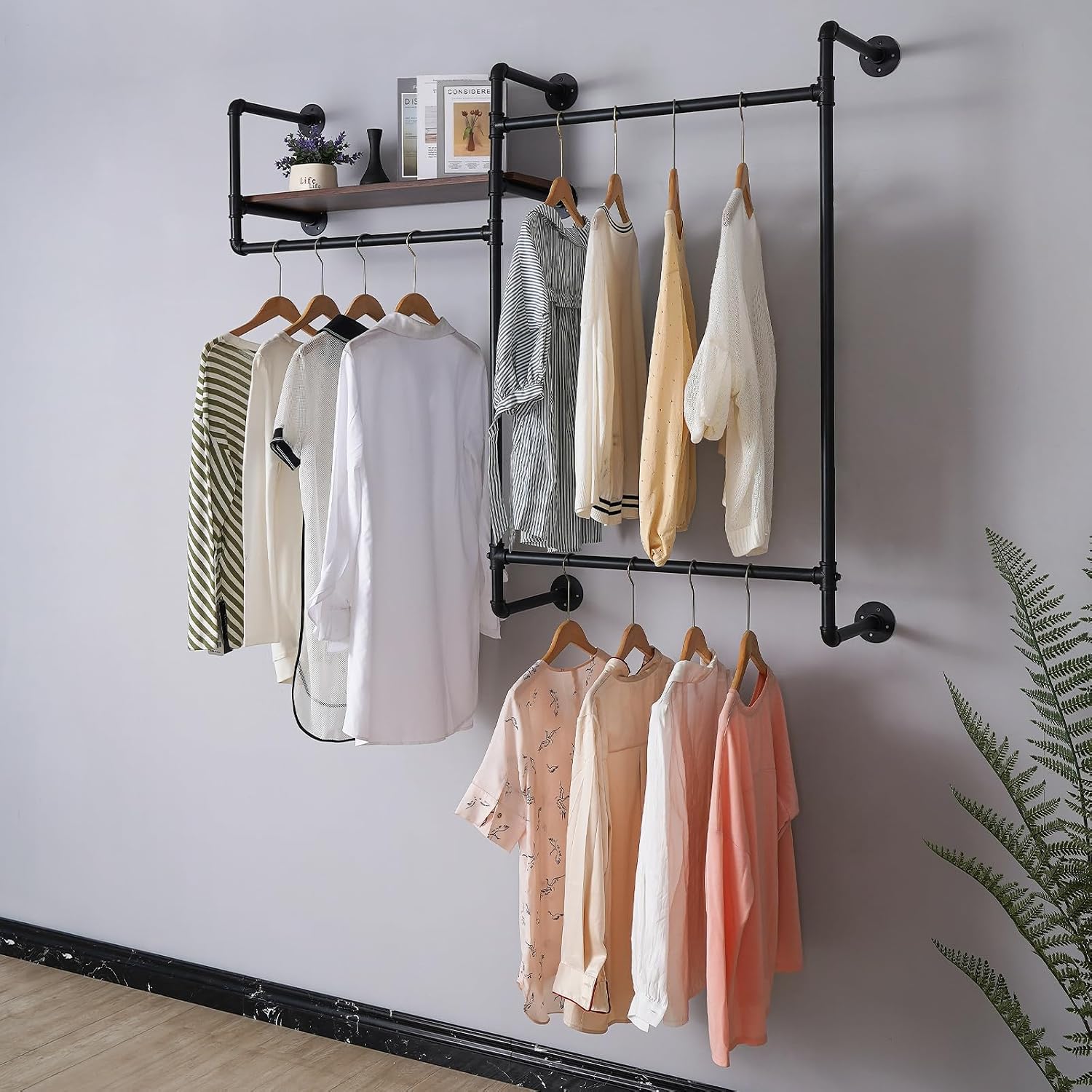 Industrial Pipe Clothing Rack, Wall Mounted Heavy Duty Garment Rack with Wood Shelf, Rustic Metal Closet Organizer for Bedroom, Laundry Room & Retail Store Display, Black, 58”W x 12”D x 46”H