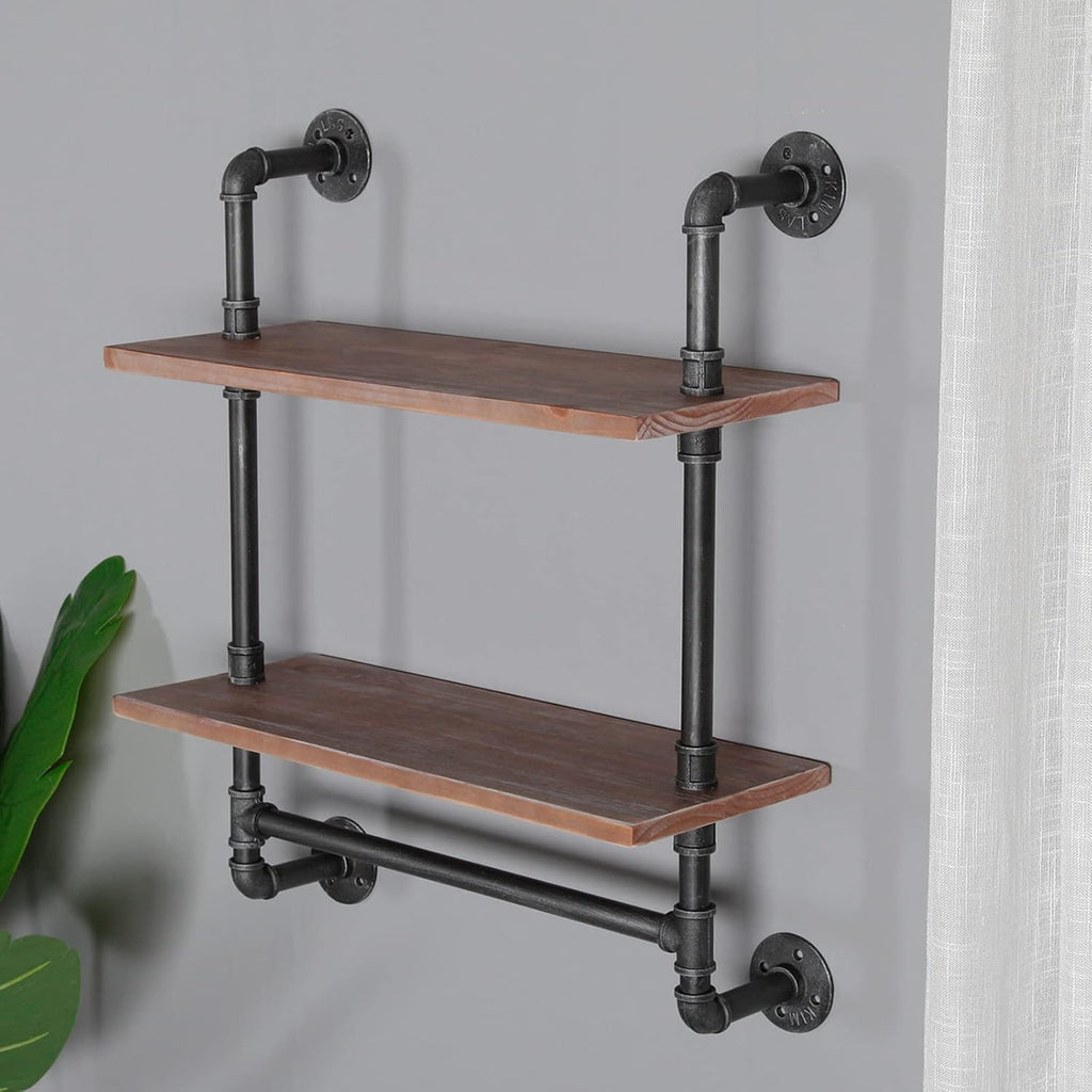 Industrial Pipe Shelving Bathroom Floating Shelves Wall Mounted, 2 Tier 24 inch Rustic Wood Shelf with Towel Bar, Farmhouse Towel Rack Bathroom Shelf Over Toilet