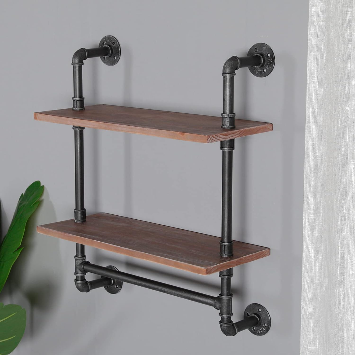 Industrial Pipe Shelving Bathroom Floating Shelves Wall Mounted, 2 Tier 24 inch Rustic Wood Shelf with Towel Bar, Farmhouse Towel Rack Bathroom Shelf Over Toilet