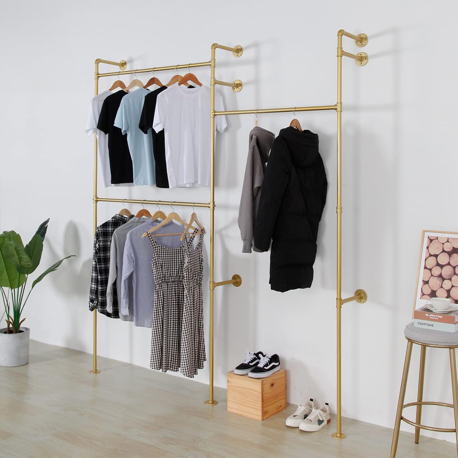 Modern Simple Industrial Pipe Double Hanging Rods Clothing Rack, Clothes Rack Wall Mounted Heavy Duty Hanging Clothes Rack, Detachable Garment Bar 93.7X84inch (Gold)