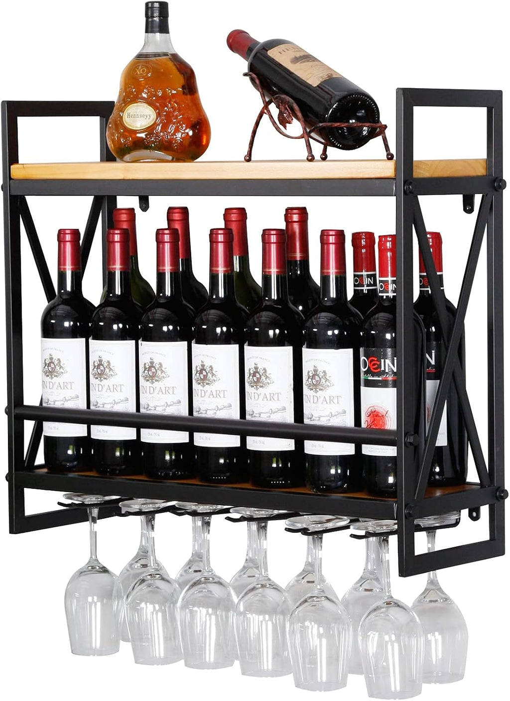 Wall Wine Stemware Glass Rack, 23.6in Wall Mounted Wine Racks with 6 Stem Glass Holders Industrial, 2-Tier Wood Shelf, for Wine Glasses Flutes Mugs Home Kitchen Decor Display Rack