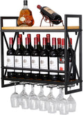 Wall Wine Stemware Glass Rack, 23.6in Wall Mounted Wine Racks with 6 Stem Glass Holders Industrial, 2-Tier Wood Shelf, for Wine Glasses Flutes Mugs Home Kitchen Decor Display Rack