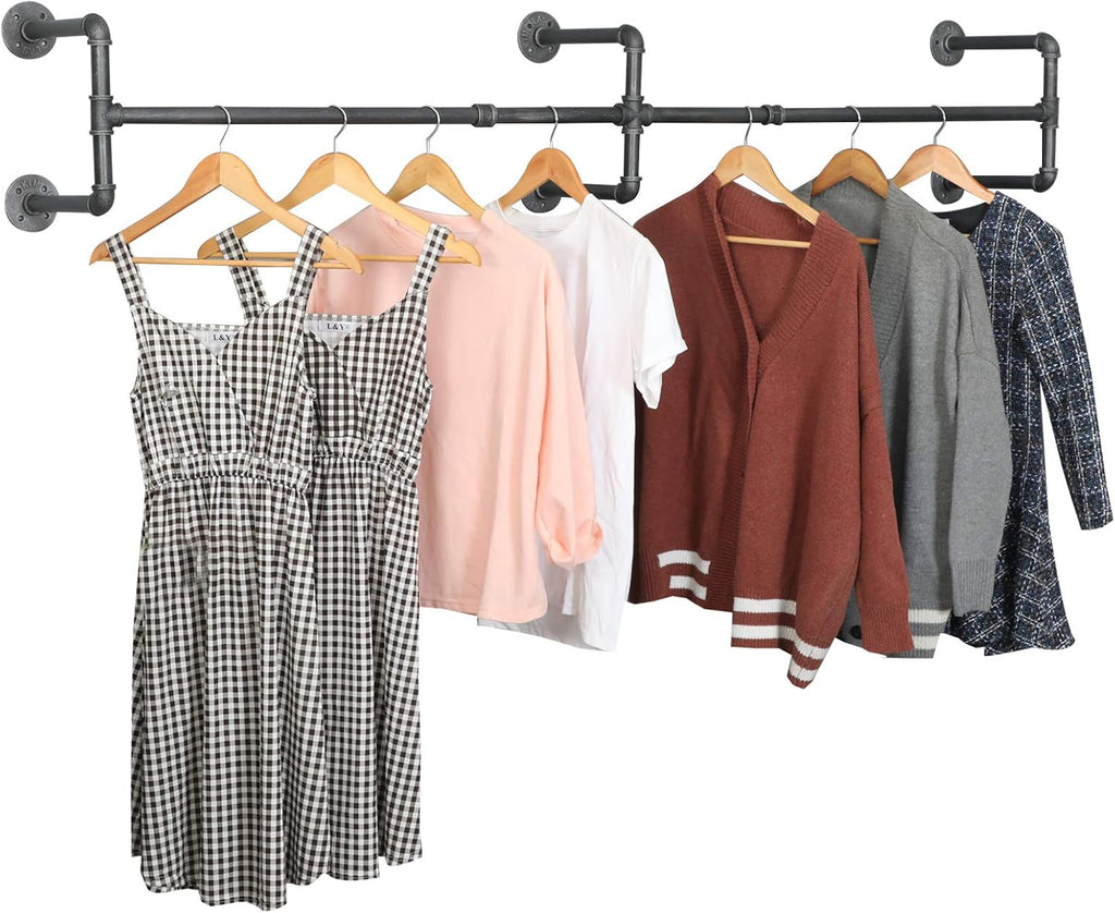 Clothes Rack Closet Rods for Hanging Clothes, Industrial Pipe Wall Mounted Garment Racks 73 in, Space-Saving Heavy Duty Hanging Cloth Rack for Closet Storage 6 Base