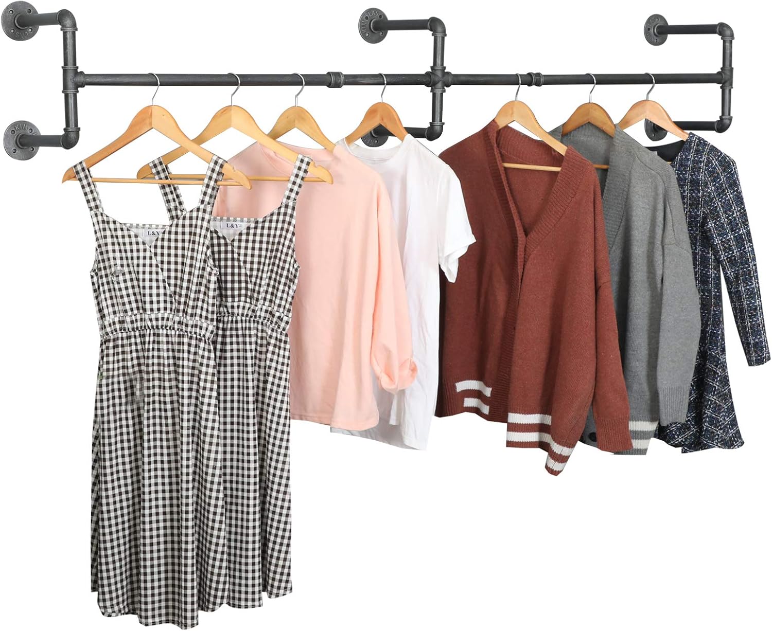 Clothes Rack Closet Rods for Hanging Clothes, Industrial Pipe Wall Mounted Garment Racks 73 in, Space-Saving Heavy Duty Hanging Cloth Rack for Closet Storage 6 Base