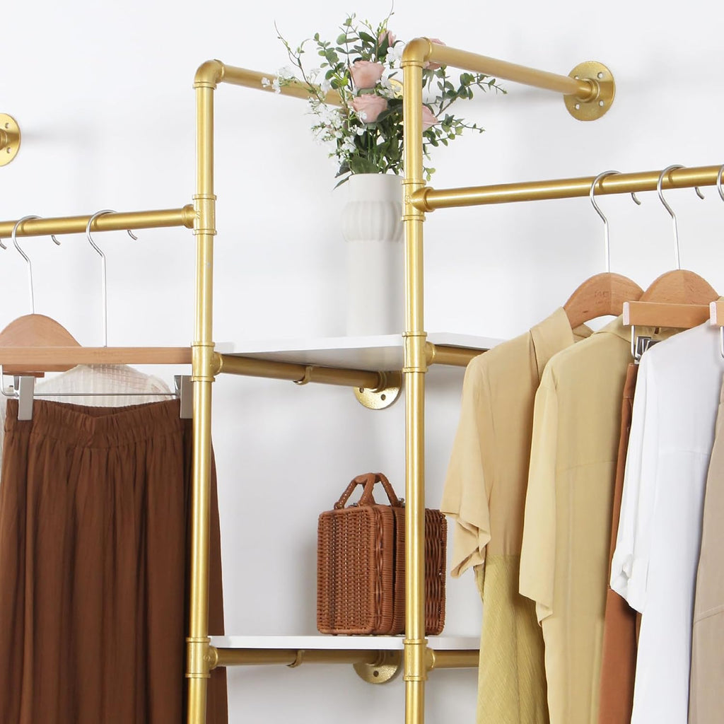 Industrial Pipe Gold Clothing Rack with Shelves, Retail Display Wall Mounted Storage Clothes Hanging Shelf Gold Pipeline Hanging Rod Steampunk Style, 4 Tier Wood Garment Rack 72.8x71inch