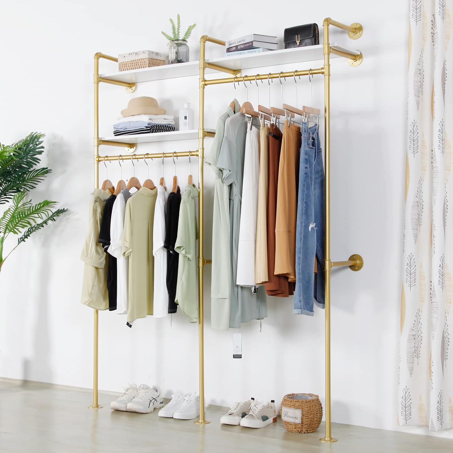 Gold Industrial Pipe Clothing Rack - Wall Mounted Clothes Rack with 2 Hanging Rods & 2 Tier Shelves, Closet Organizers and Storage for Shop, Retail Display, Bedroom, 79.5 x 59in