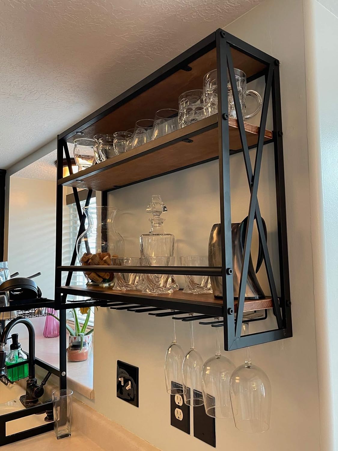 Wall Wine Stemware Glass Rack, 31.5in Wall Mounted Wine Racks with 8 Stem Glass Holders Industrial, 3-Tier Wood Shelf, for Wine Glasses Flutes Mugs Home Kitchen Decor Display Rack