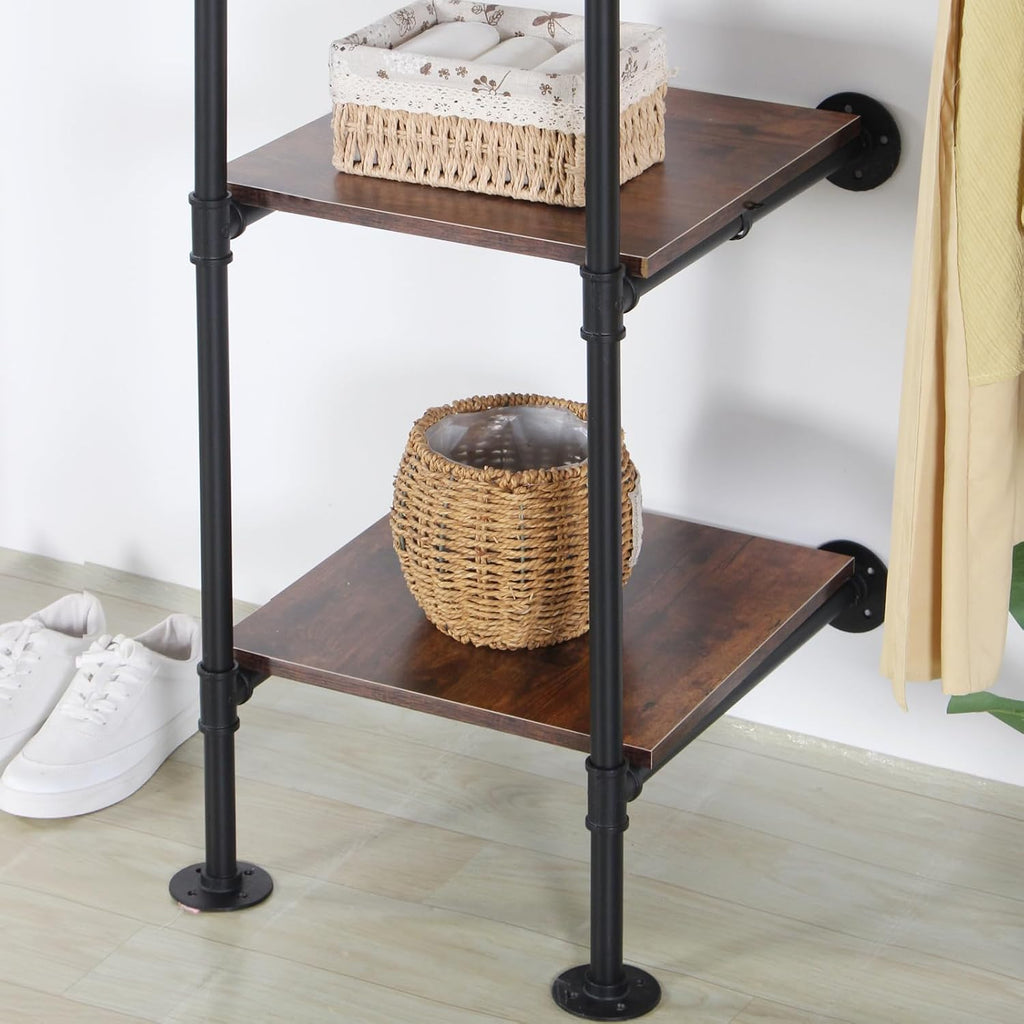 Wall Mounted Industrial Pipe Heavy Duty Clothes Rack, Clothing Rods for Hanging Clothes, Freestanding Clothing Rack with 2 Hang Rods & 4 Shelves, 72.8" W x 17.7" D x 71" H