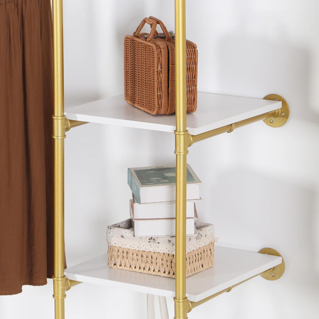 Industrial Pipe Gold Clothing Rack with Shelves, Retail Display Wall Mounted Storage Clothes Hanging Shelf Gold Pipeline Hanging Rod Steampunk Style, 4 Tier Wood Garment Rack 72.8x71inch