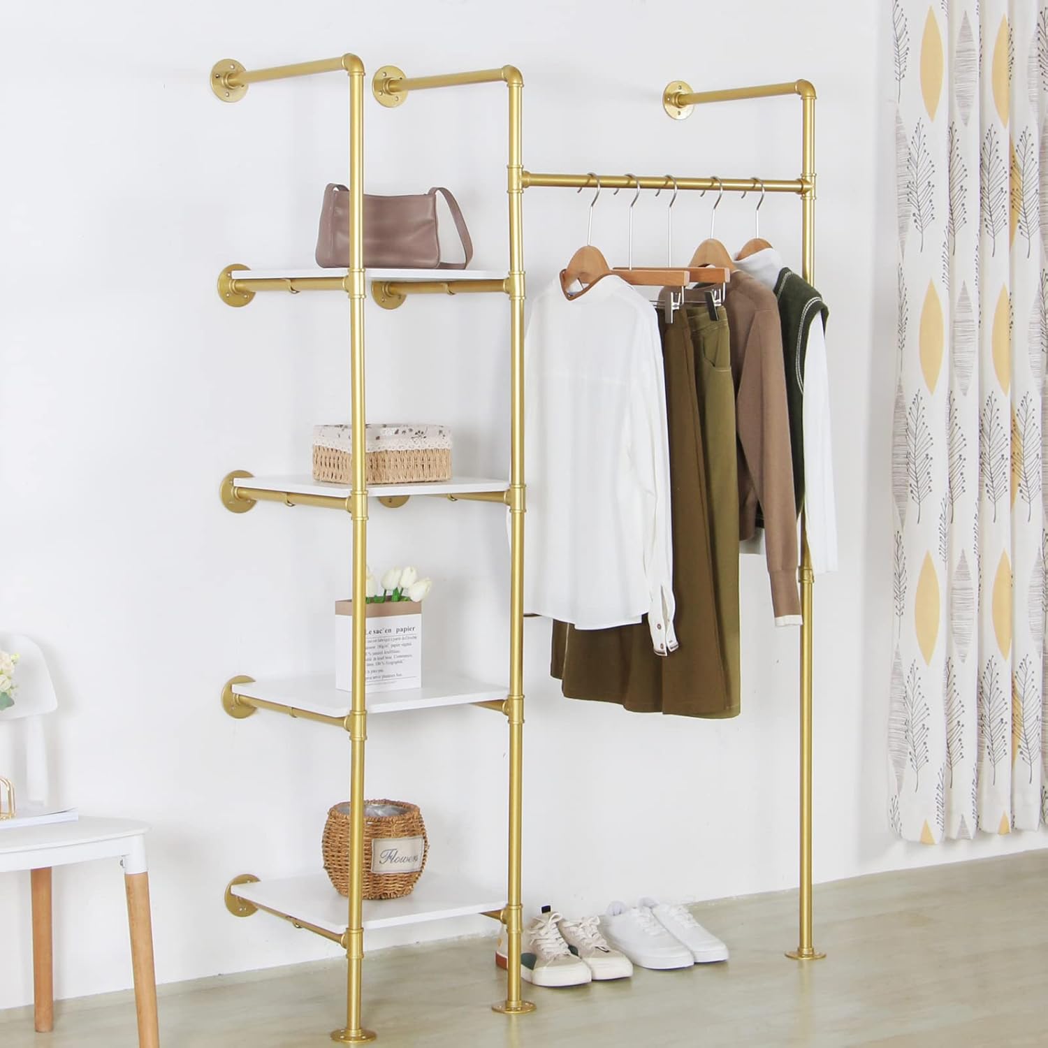 Garment Rack Heavy Duty Clothes Rack for Hanging Clothes, Metal Freestanding Closet Wardrobe Shelf, Gold Industrial Pipe Clothing Racks with Shelves Closet Rods System