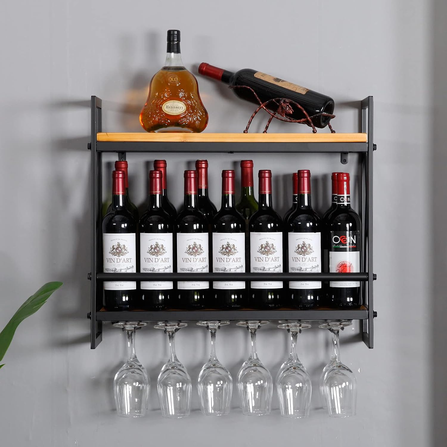 Wall Wine Stemware Glass Rack, 23.6in Wall Mounted Wine Racks with 6 Stem Glass Holders Industrial, 2-Tier Wood Shelf, for Wine Glasses Flutes Mugs Home Kitchen Decor Display Rack