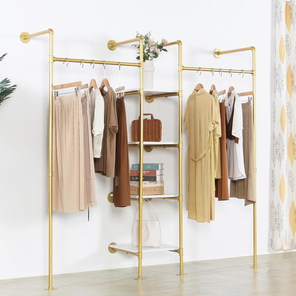 Industrial Pipe Gold Clothing Rack with Shelves, Retail Display Wall Mounted Storage Clothes Hanging Shelf Gold Pipeline Hanging Rod Steampunk Style, 4 Tier Wood Garment Rack 72.8x71inch