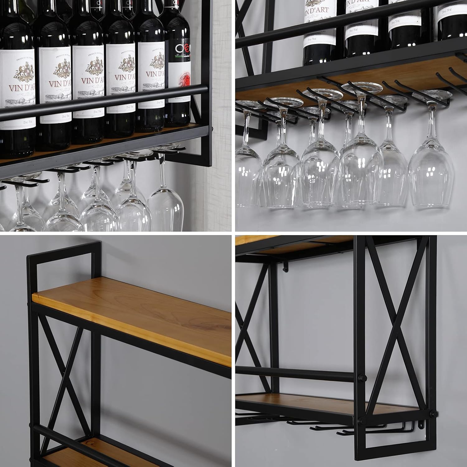 Wall Wine Stemware Glass Rack, 23.6in Wall Mounted Wine Racks with 6 Stem Glass Holders Industrial, 2-Tier Wood Shelf, for Wine Glasses Flutes Mugs Home Kitchen Decor Display Rack