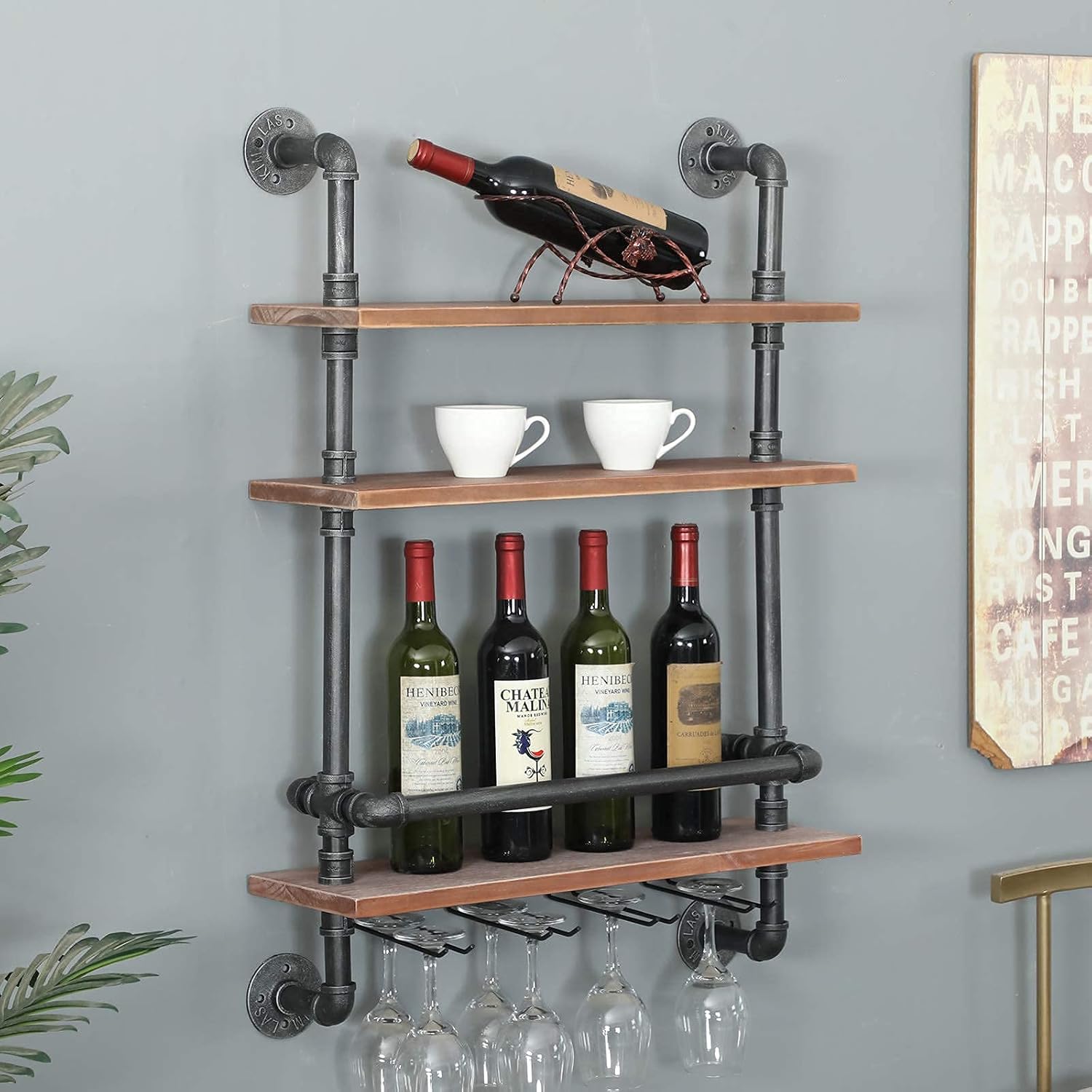 Rustic Wine Rack Wall Mounted Industrial Wine Rack with 4 Stem Glass Holder,24in Real Wood Shelves Kitchen Wall Shelf Unit,3-Tiers Floating Bar Shelves Bottle Holder Storage Shelves