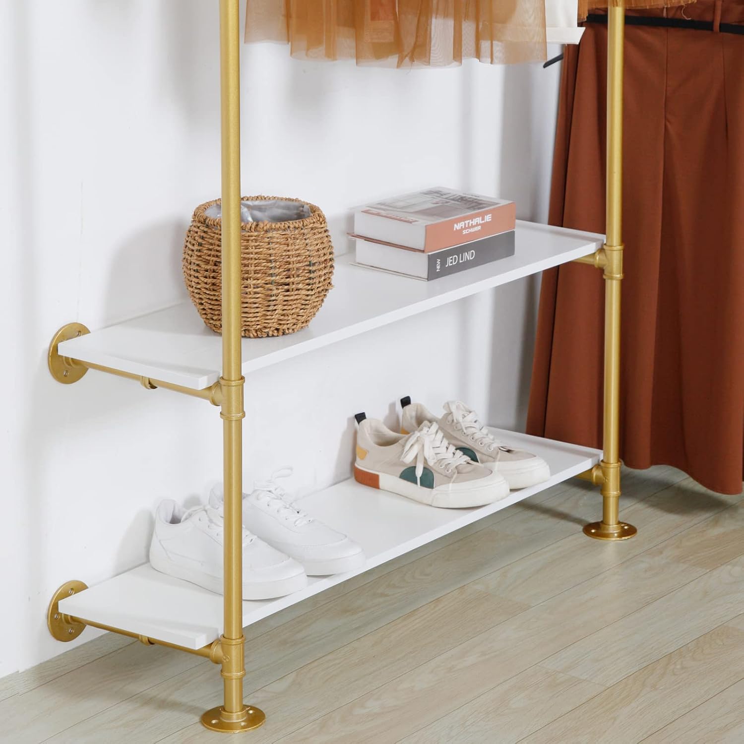 Heavy Duty Industrial Clothing Rack - 3-Tier Wall Mounted Garment Rack with Wood Shelves, Golden Pipe Closet Storage Organizer for Retail Stores & Bedroom (92.1X76.8inch)