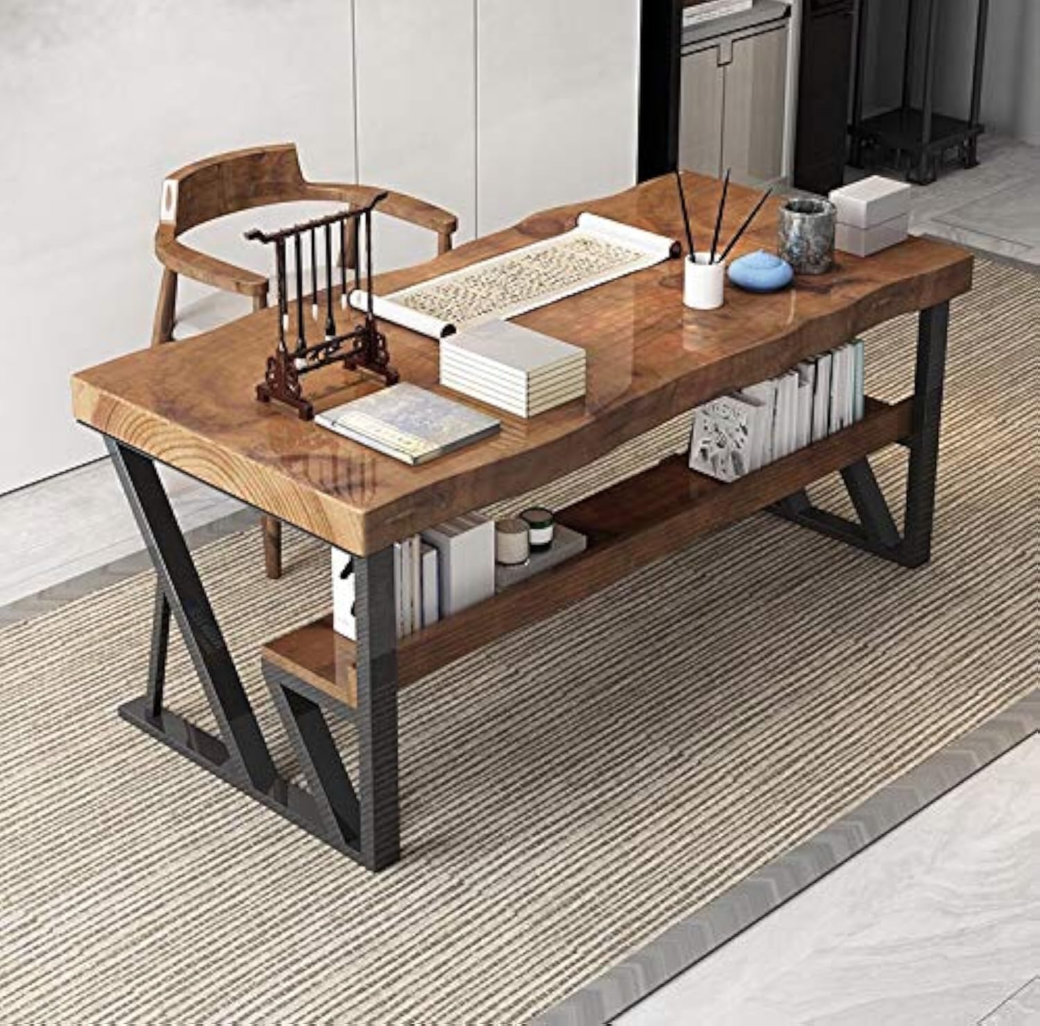 Metal Table Legs H28 x W24 Inch Black, Modern Dining/Office 2-Tier, DIY Computer Desk Country Style Iron Bench Legs, Set of 2