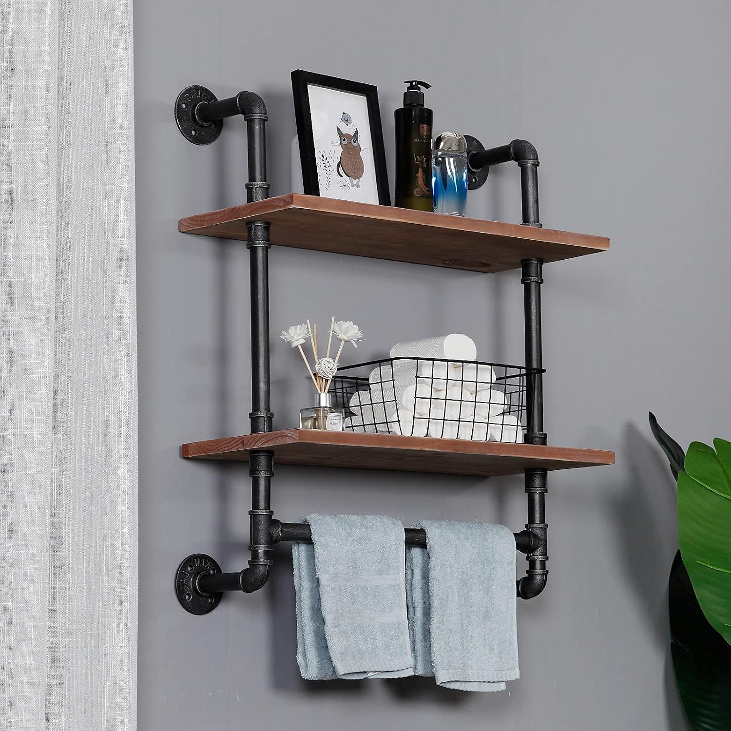 Industrial Pipe Shelving Bathroom Floating Shelves Wall Mounted, 2 Tier 24 inch Rustic Wood Shelf with Towel Bar, Farmhouse Towel Rack Bathroom Shelf Over Toilet